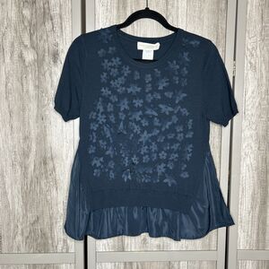 Cristina Gavioli Top Size S Elegant 2 D Floral Short Sleeve Navy